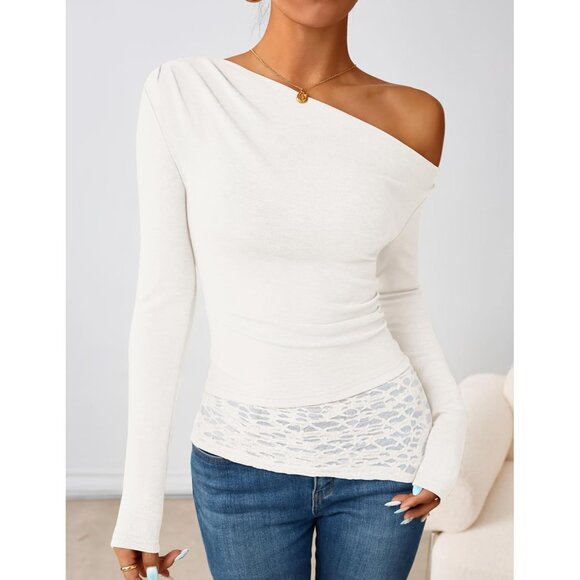 Women's White Long Sleeve Off Shoulder Tops Casual Boat Neck Lace Shirts Blouses - Picture 3 of 5